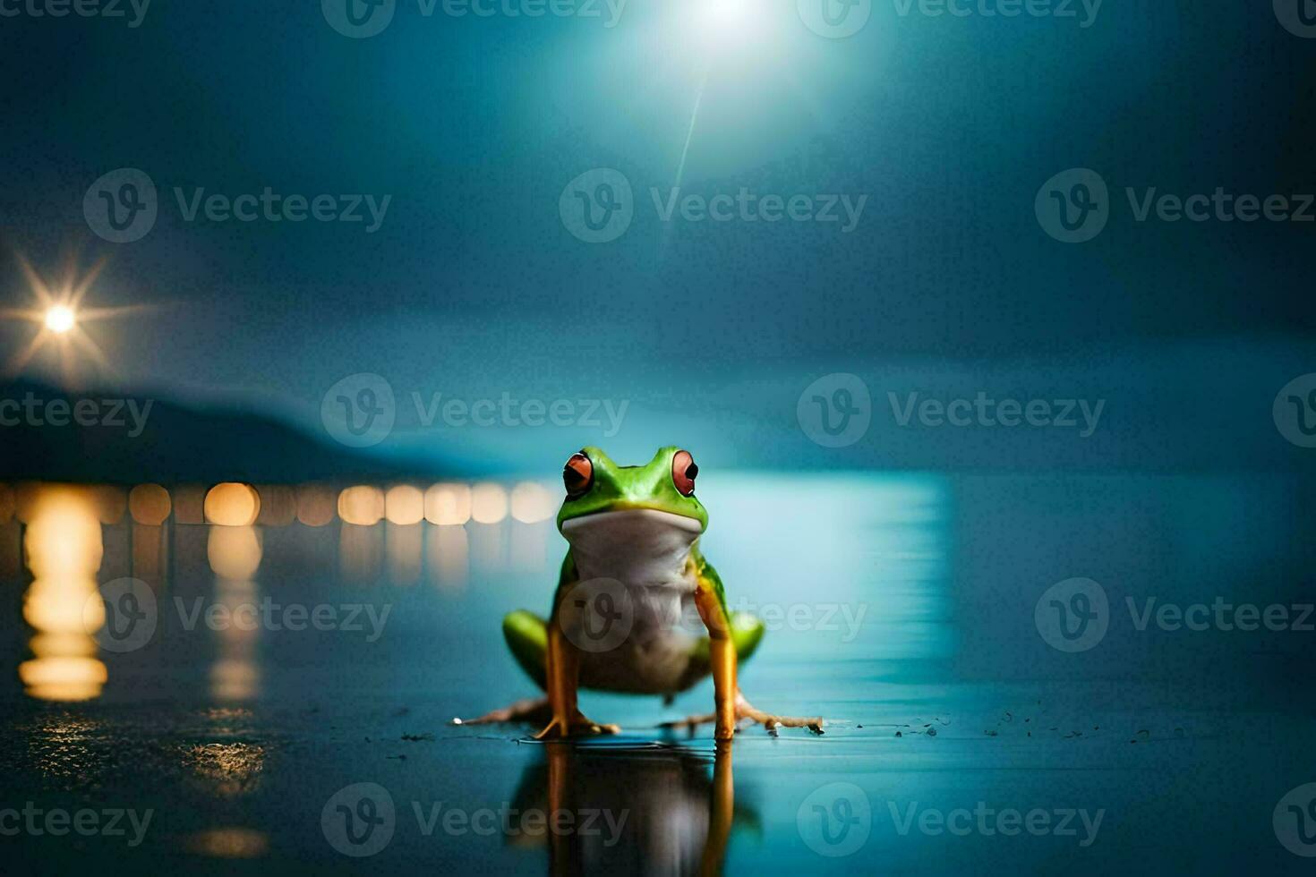 a frog sitting on the beach at night with a full moon in the background. AI-Generated photo