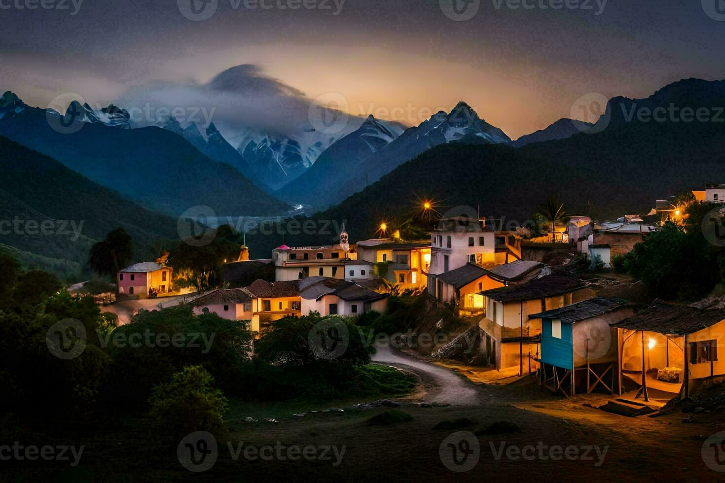photo wallpaper the sky, mountains, night, the village, peru. AI-Generated