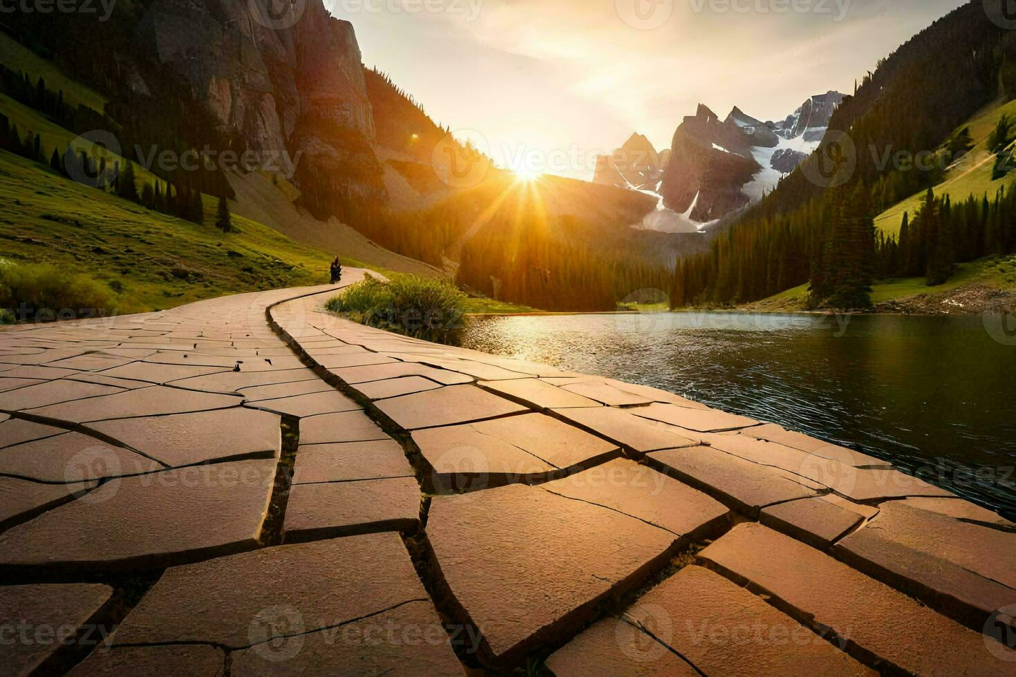 a path leads to a lake and mountains at sunset. AI-Generated photo
