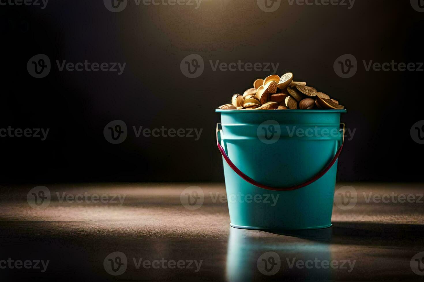 a bucket filled with nuts on a table. AI-Generated photo