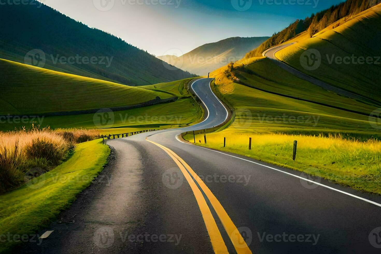 a winding road in the middle of a green valley. AI-Generated photo