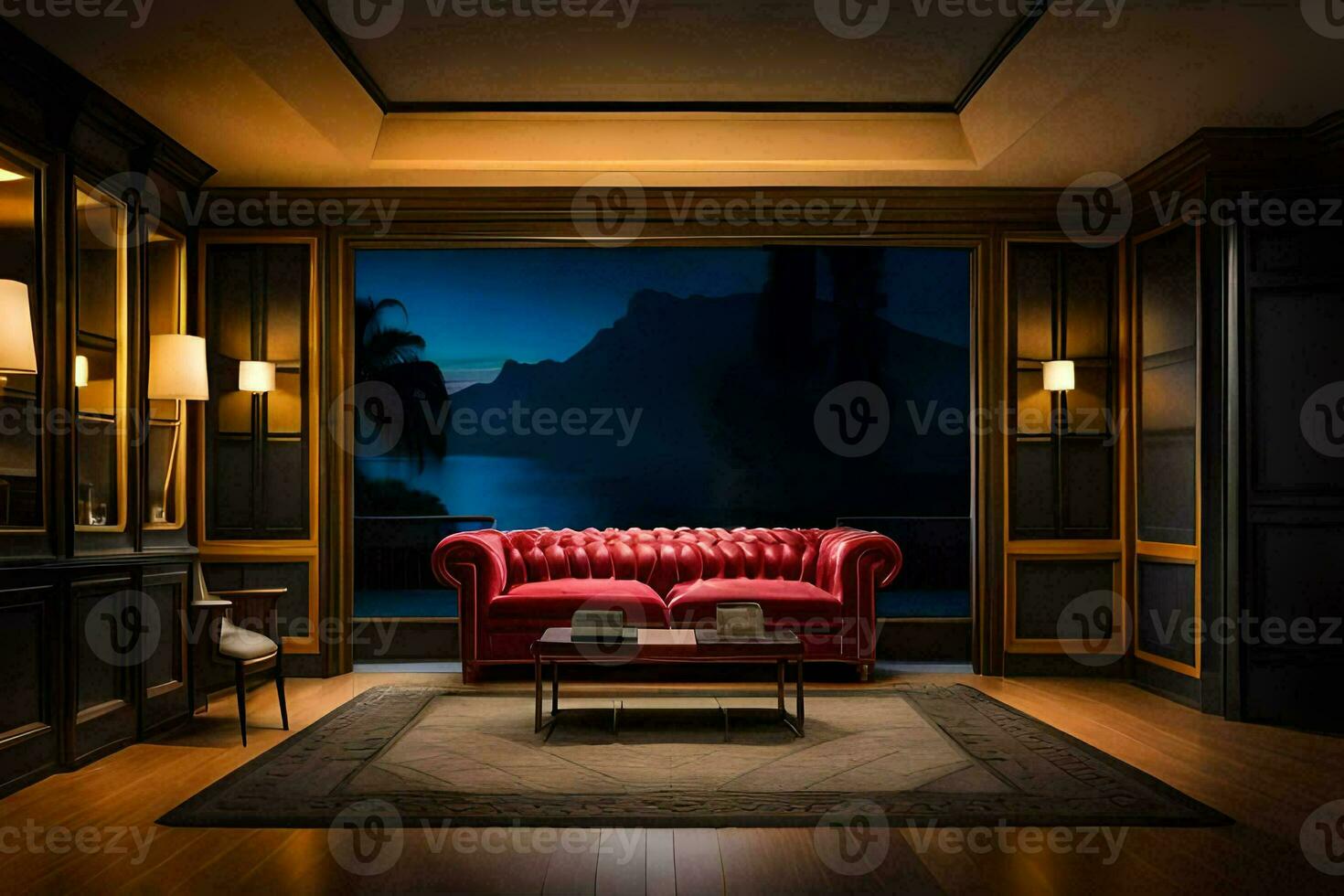 a red couch sits in a room with a view of the lake. AI-Generated photo