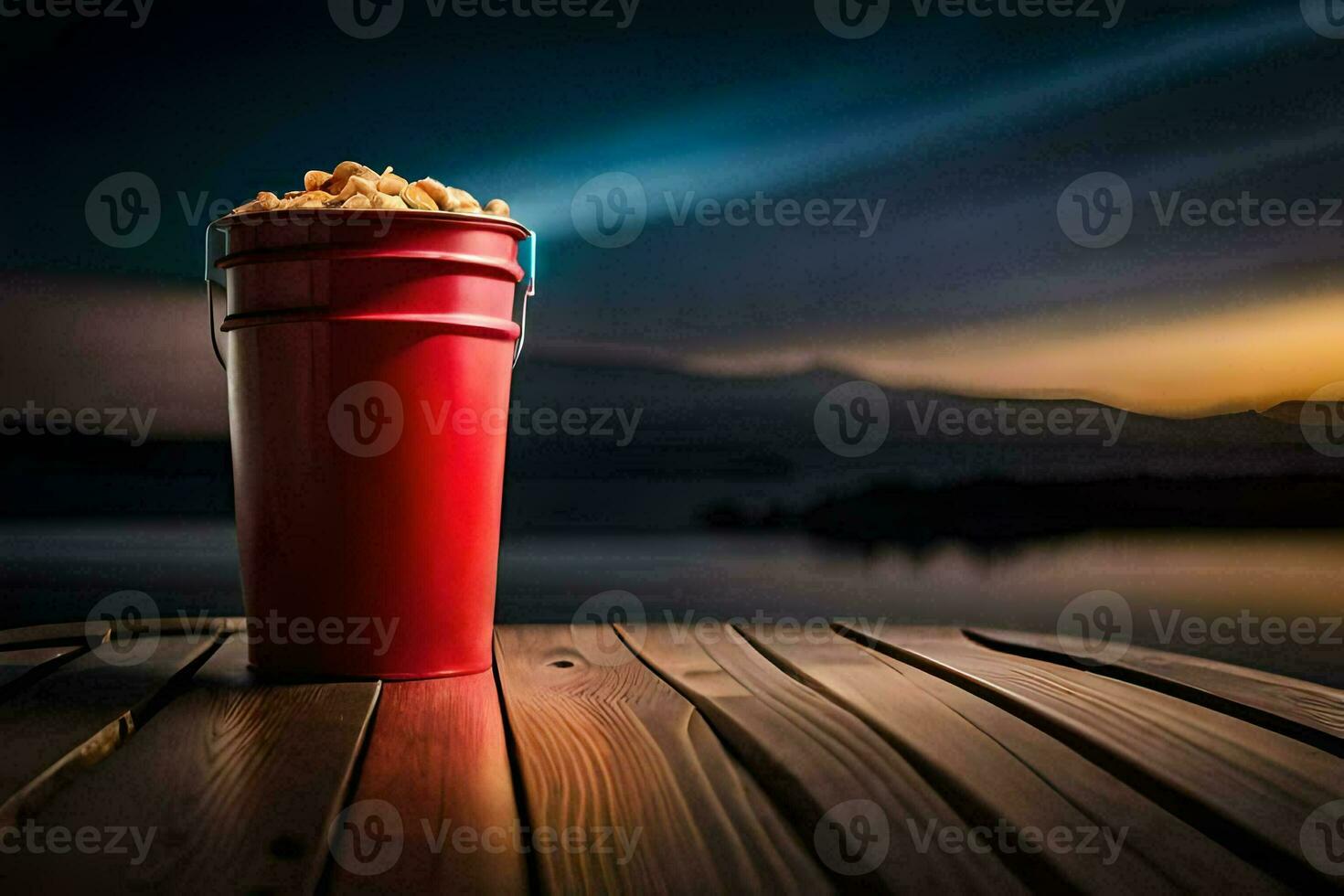 a red bucket of popcorn sitting on a wooden table. AI-Generated photo