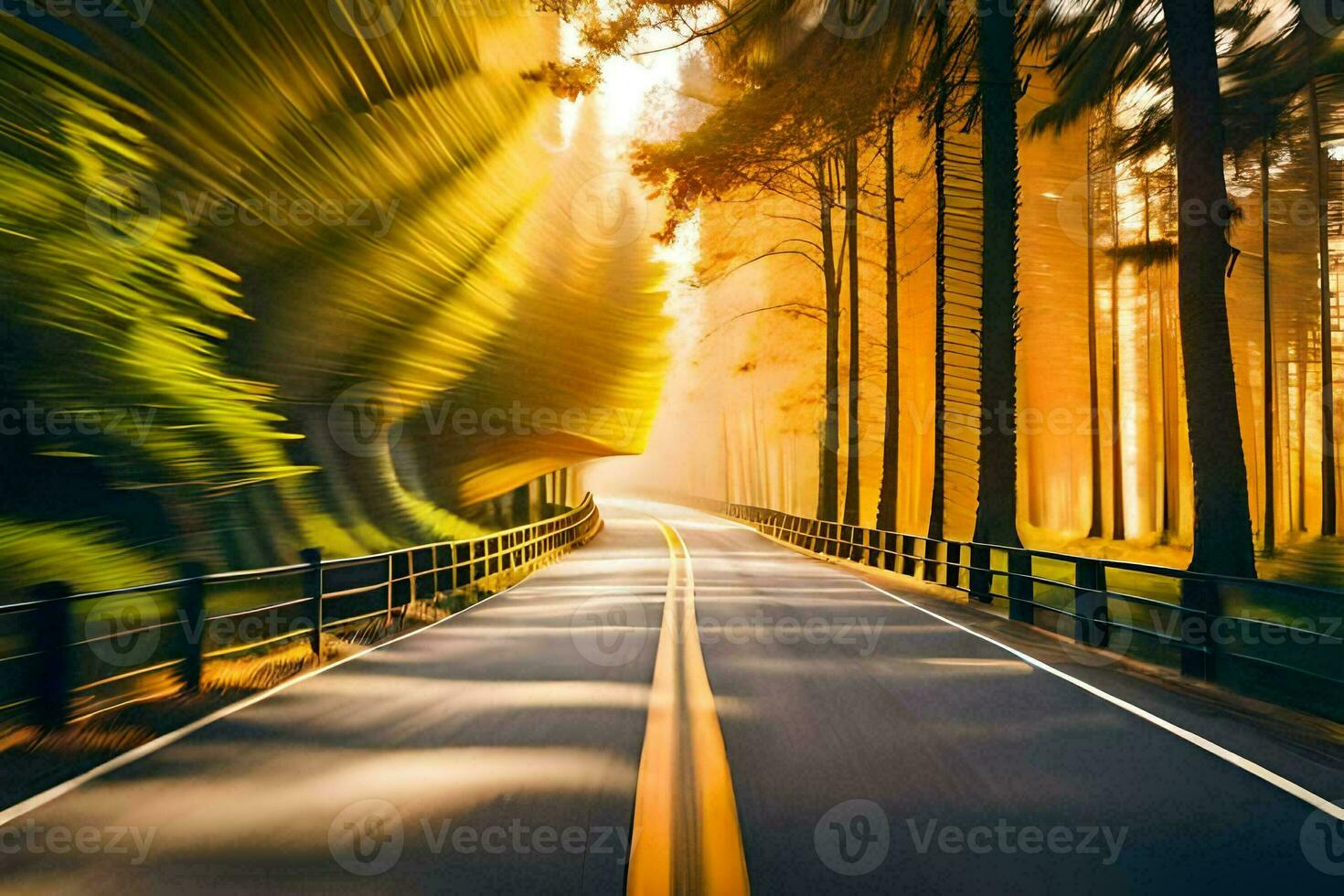a blurry image of a road in the woods. AI-Generated photo