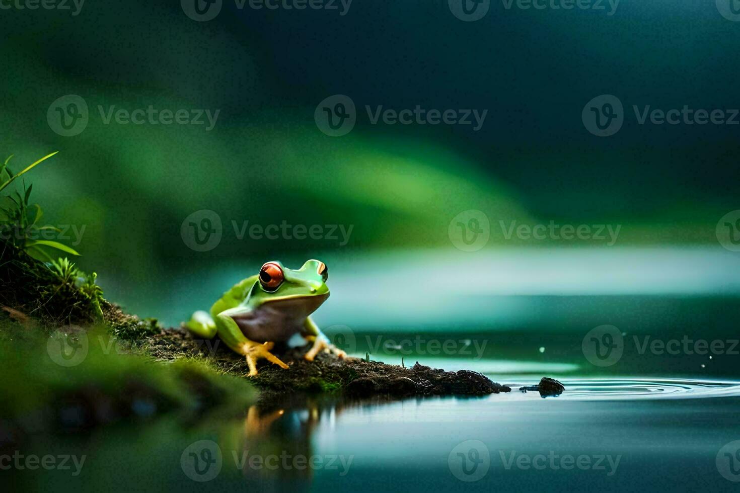 a frog sitting on a log in the water. AI-Generated photo