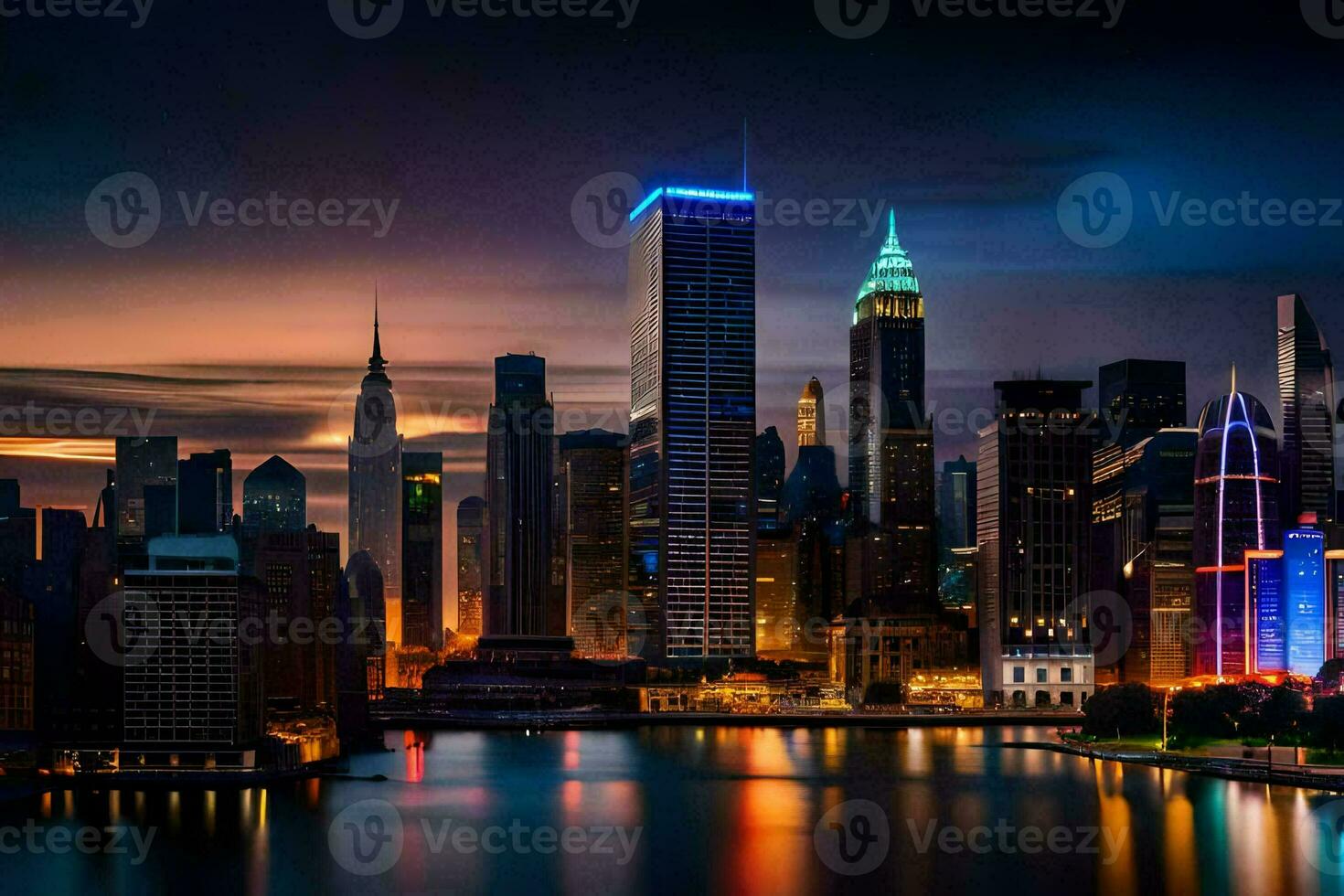 the city skyline at night with the lights reflecting off the water. AI-Generated photo