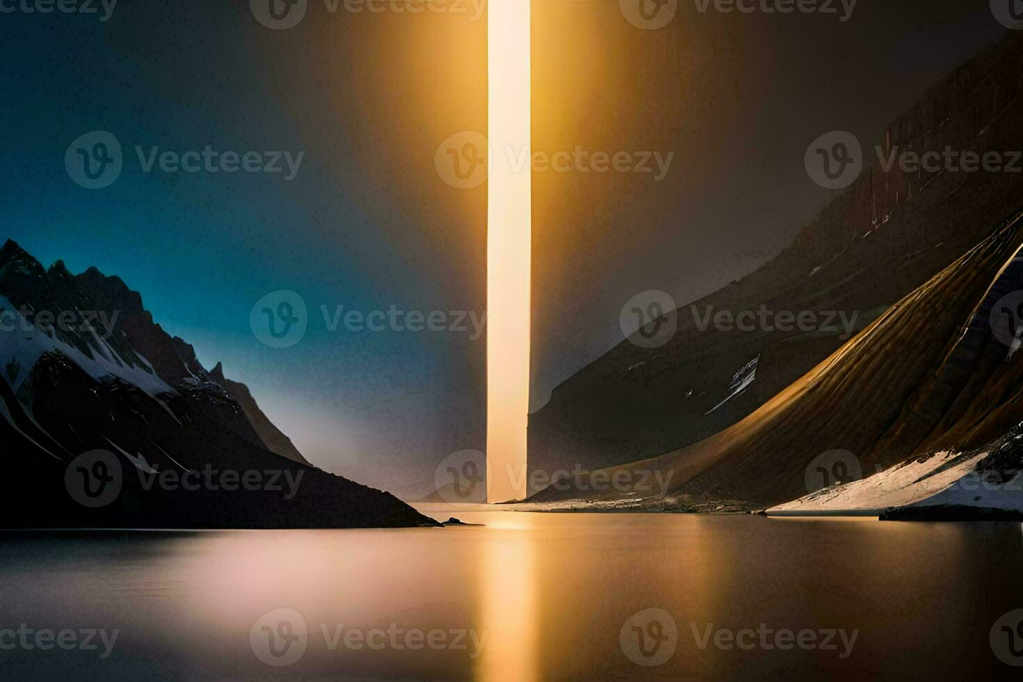 a light shining through a mountain in the middle of a lake. AI-Generated photo