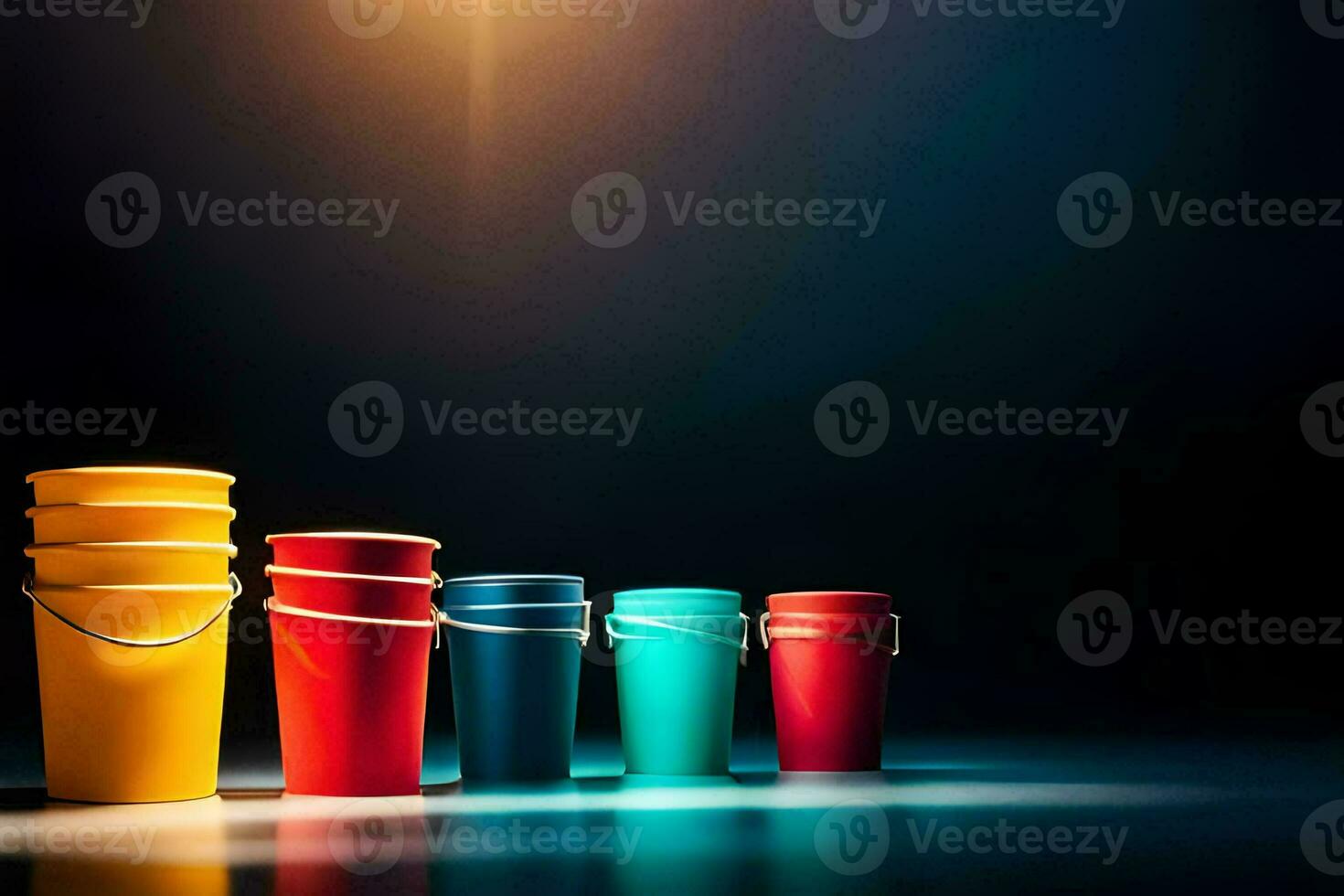 colorful buckets on a dark background. AI-Generated photo