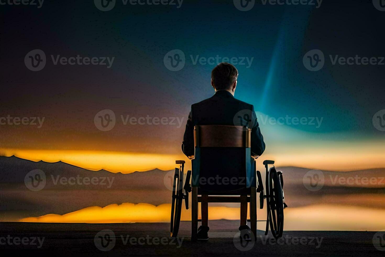 un hombre en un silla de ruedas se sienta en un muelle a puesta de sol. generado por ai foto