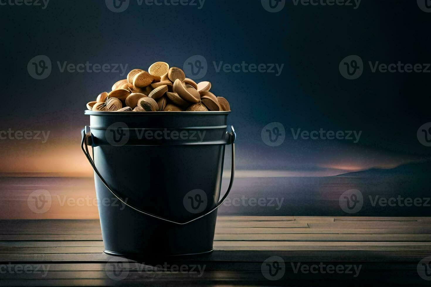 a bucket filled with peanuts on a wooden table. AI-Generated photo