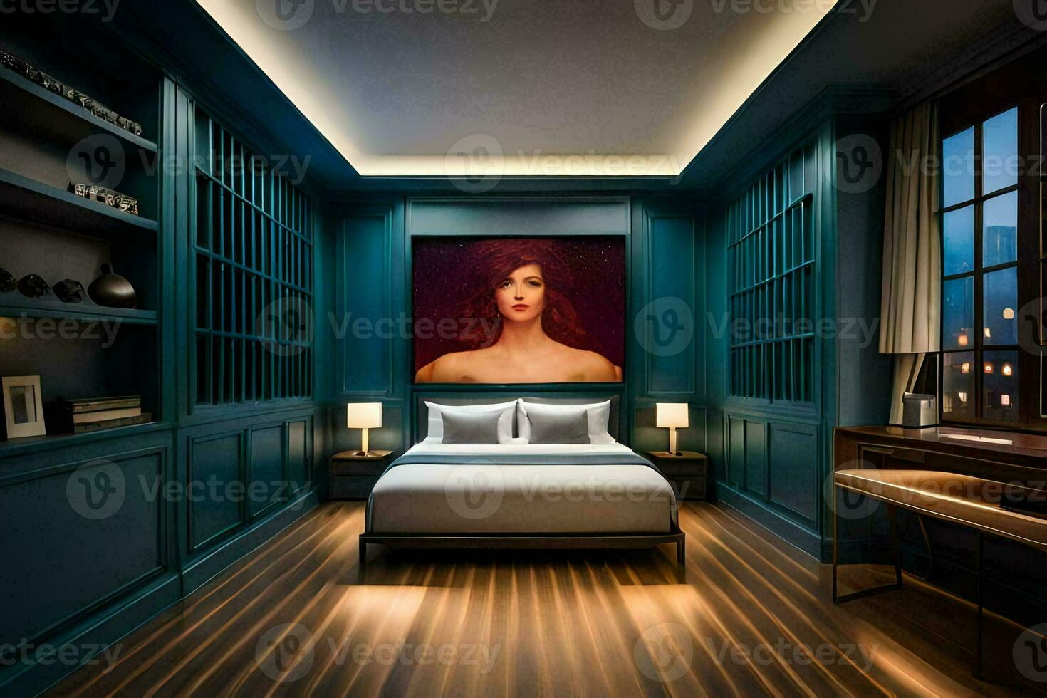 un dormitorio con un grande pintura en el pared. generado por ai foto