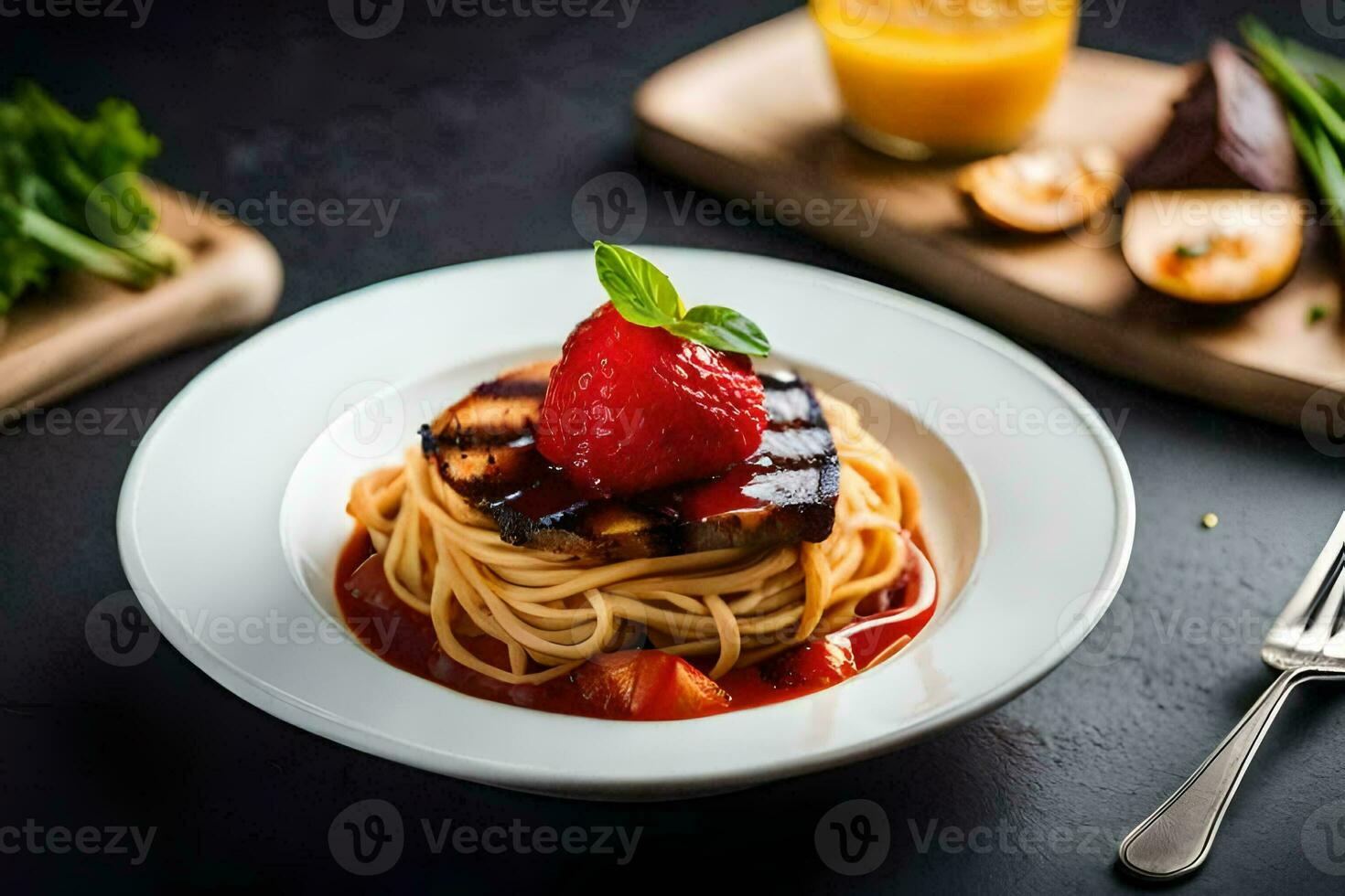 the food is served on a plate with a fork and a knife. AI-Generated photo