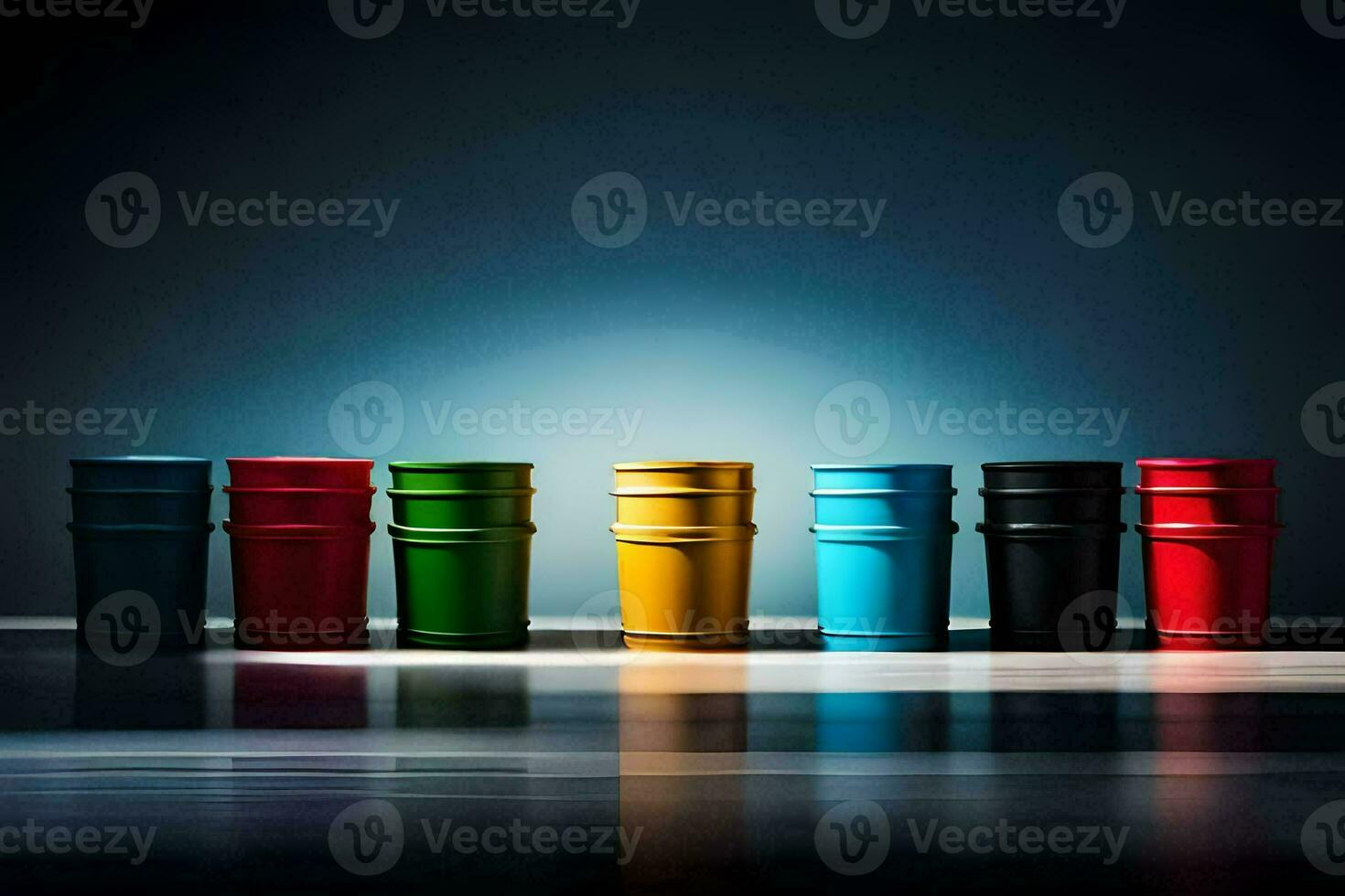 a row of colorful barrels on a dark background. AI-Generated photo