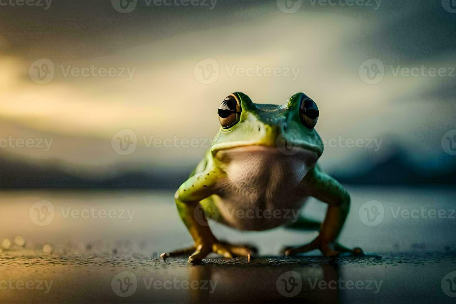 a frog is standing on the ground with a cloudy sky in the background. AI-Generated photo
