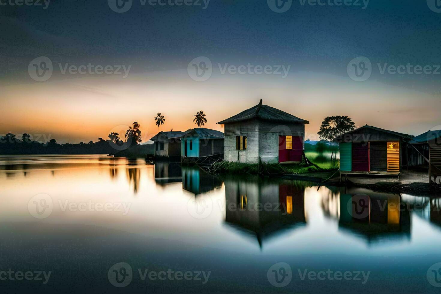 a small village of houses on the water at sunset. AI-Generated photo