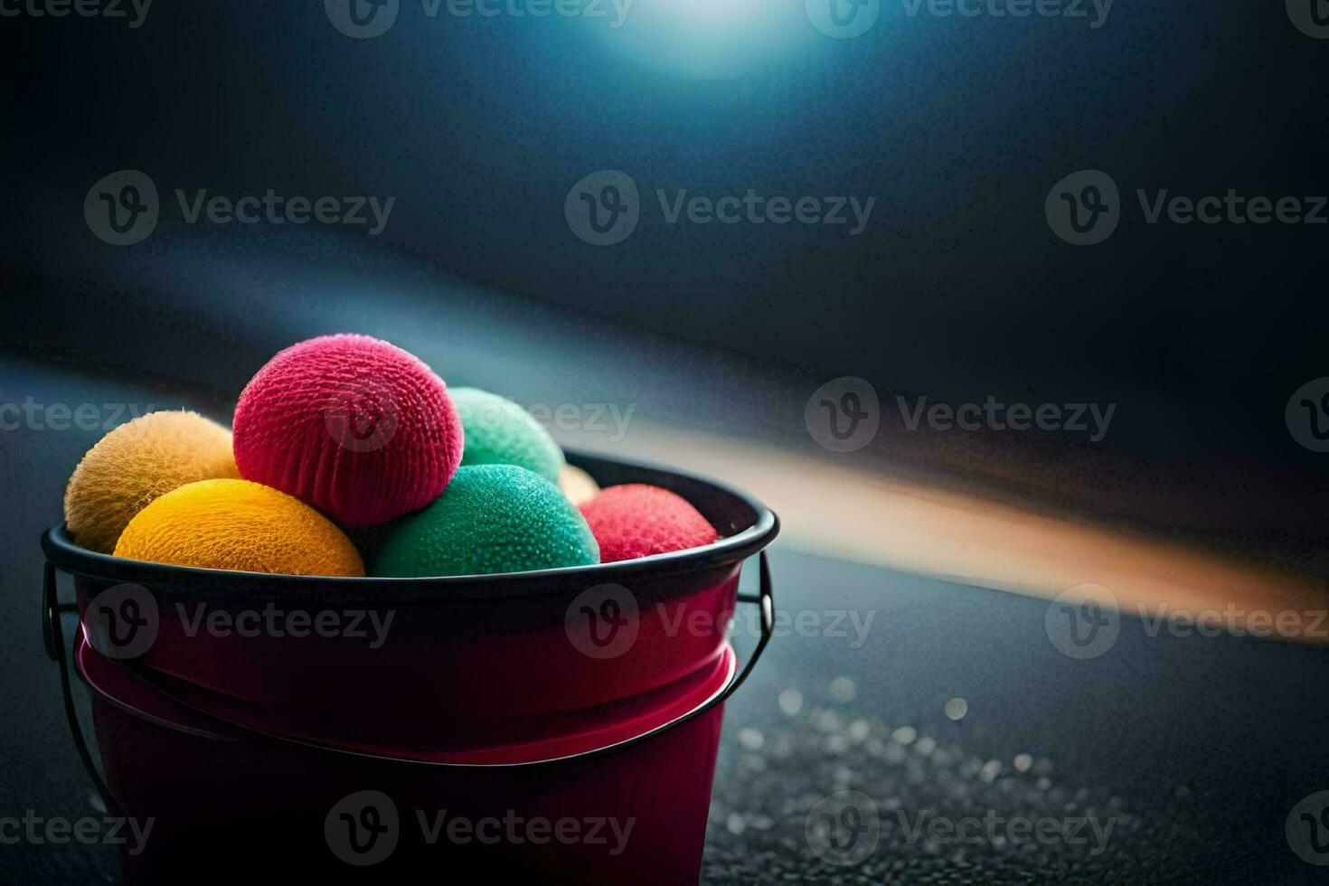 colorful balls in a bucket on a dark background. AI-Generated photo
