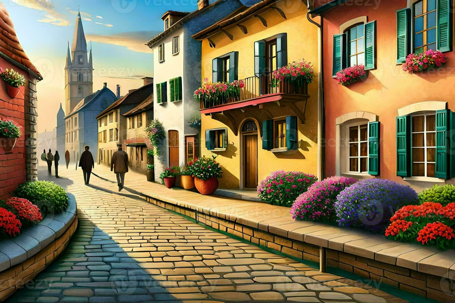 an illustration of a street in a town with flowers and people walking. AI-Generated photo