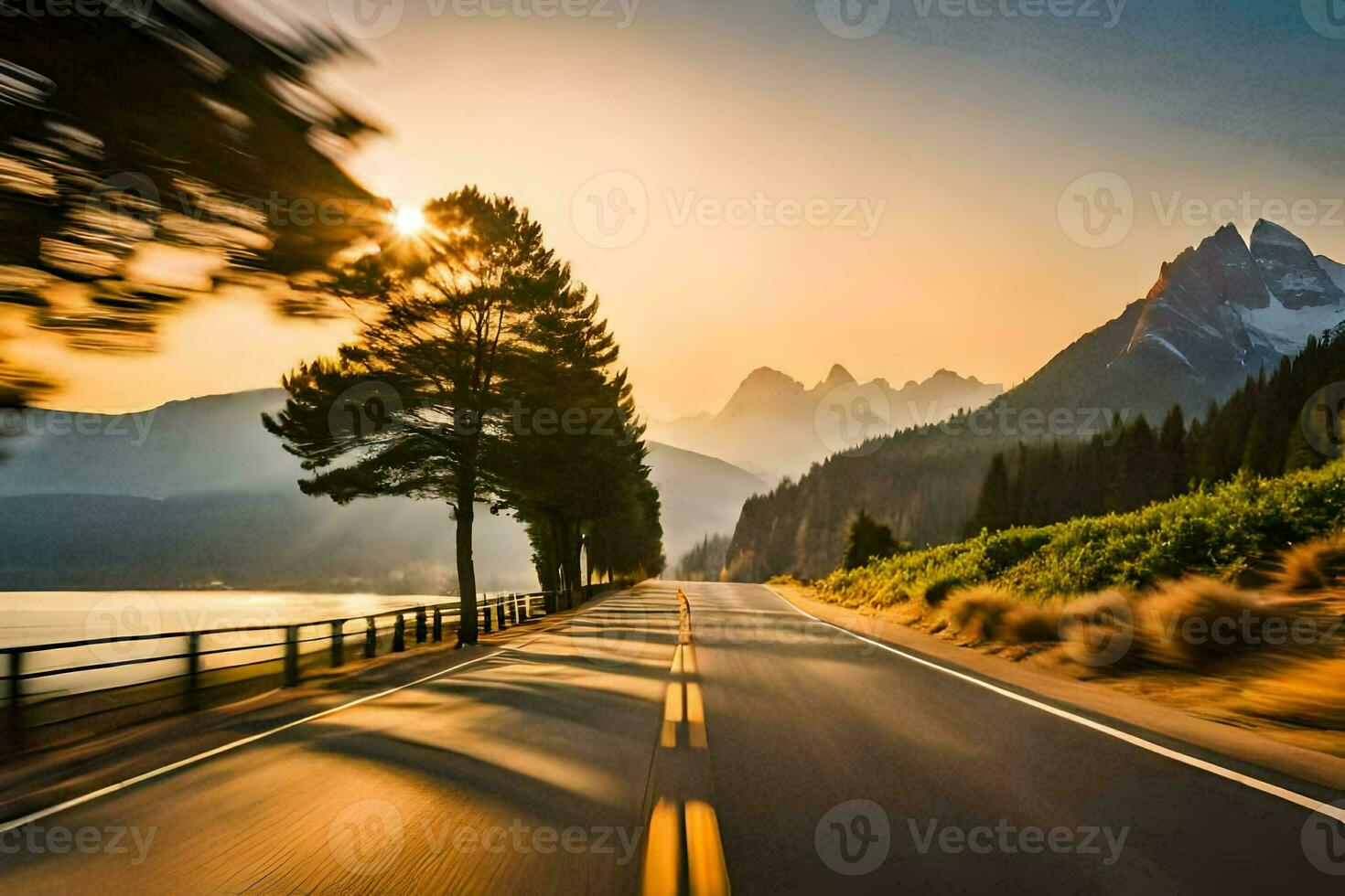 a road with mountains in the background. AI-Generated photo