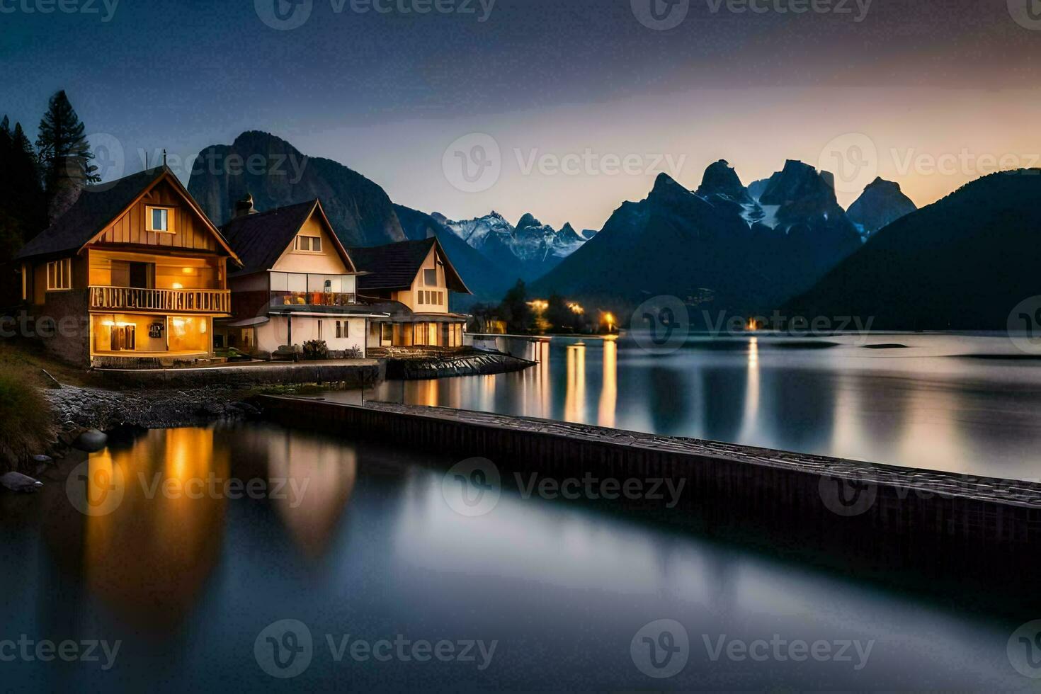 houses on the lake at dusk with mountains in the background. AI-Generated photo