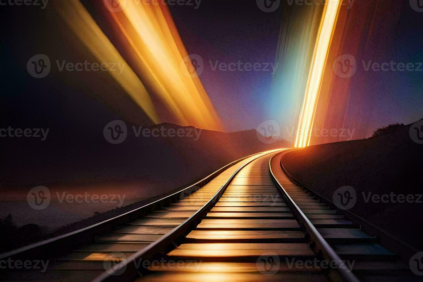 a train track with light trails going down it. AI-Generated photo