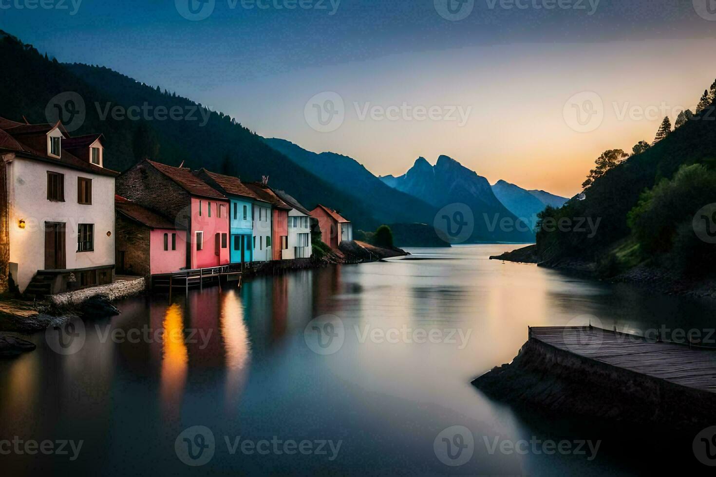 foto fondo de pantalla el cielo, montañas, agua, casas, el lago, el montañas, el agua. generado por ai