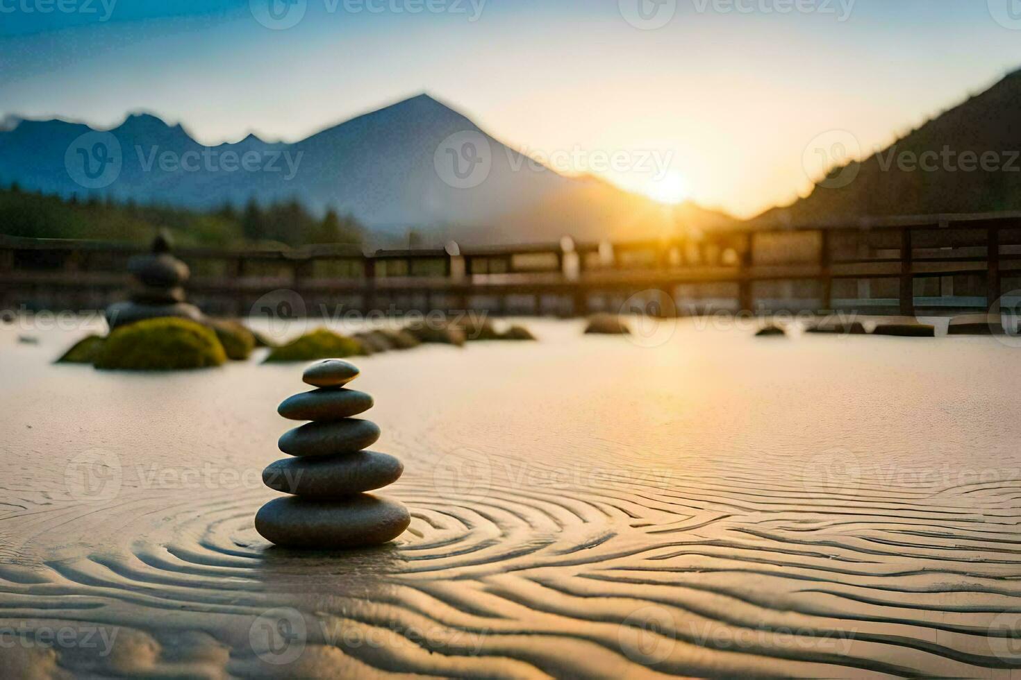 a stack of rocks in the sand at sunset. AI-Generated photo