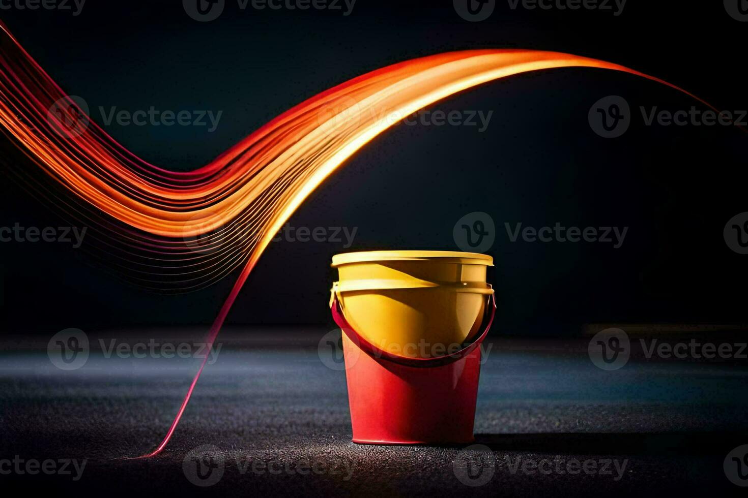 a red bucket with a yellow handle on a black background. AI-Generated photo