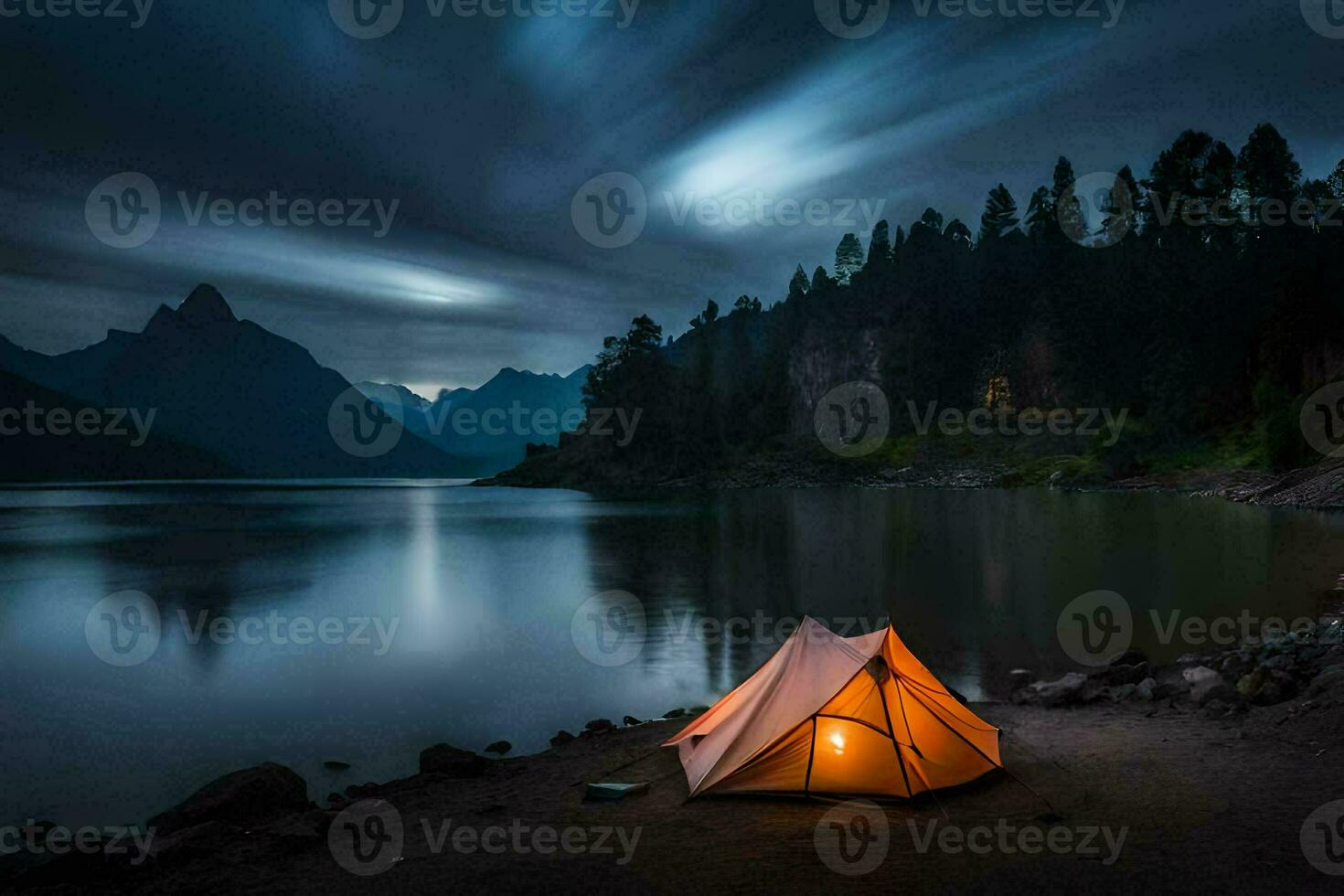 a tent is lit up by the moon in the mountains. AI-Generated photo