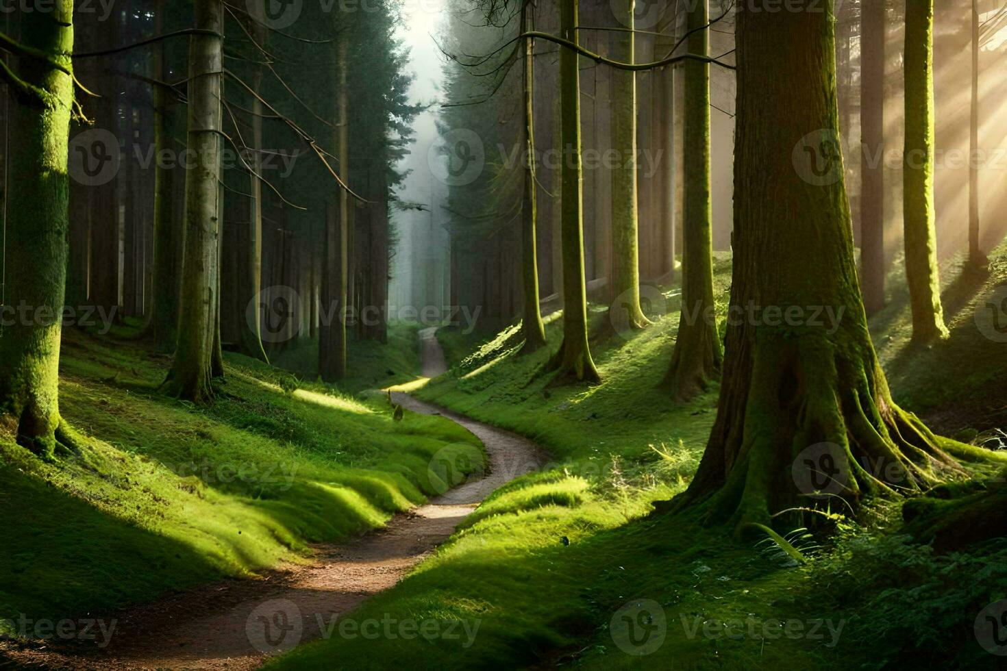 a path through a forest with trees and sunlight. AI-Generated photo