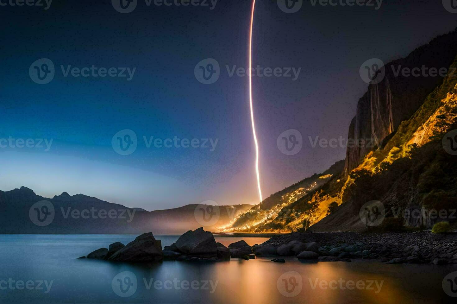 a rocket is seen in the sky as it streaks across the water. AI-Generated photo
