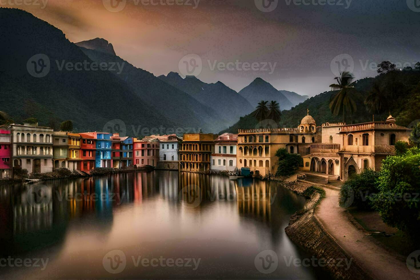 colorful houses line the banks of a river. AI-Generated photo