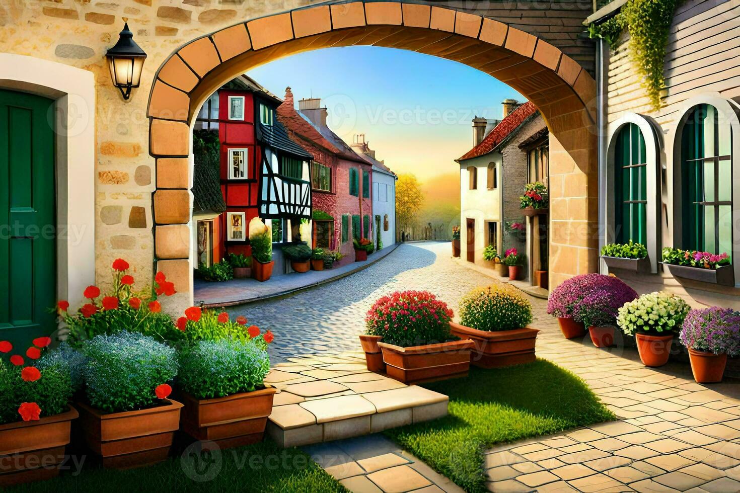 an archway leads to a street with flowers in pots. AI-Generated photo