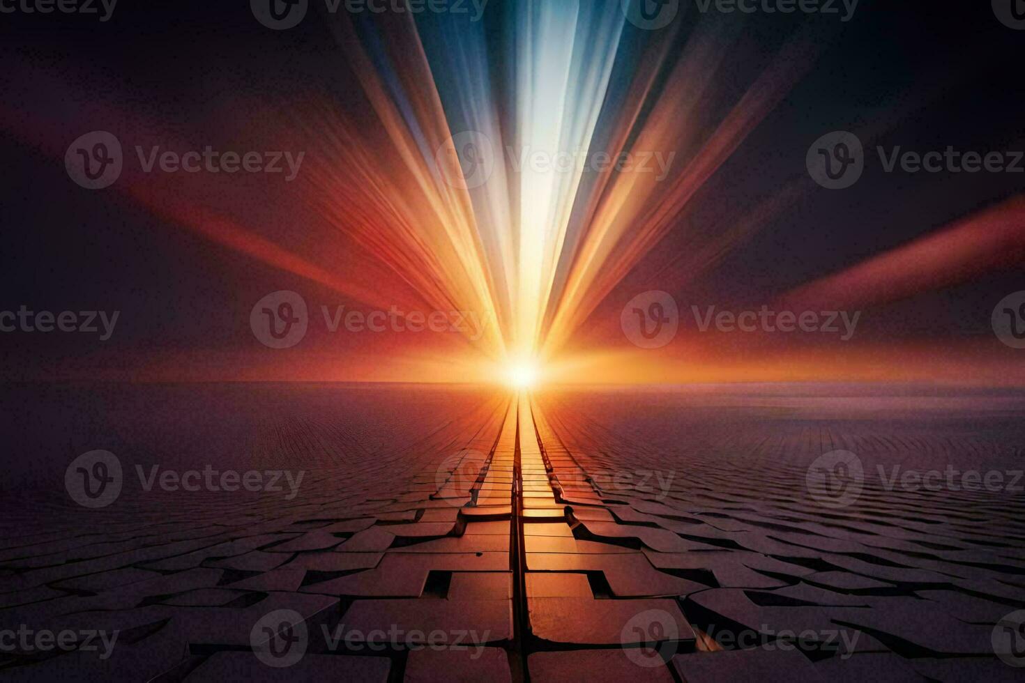 a long, dark road with a bright light shining through it. AI-Generated photo