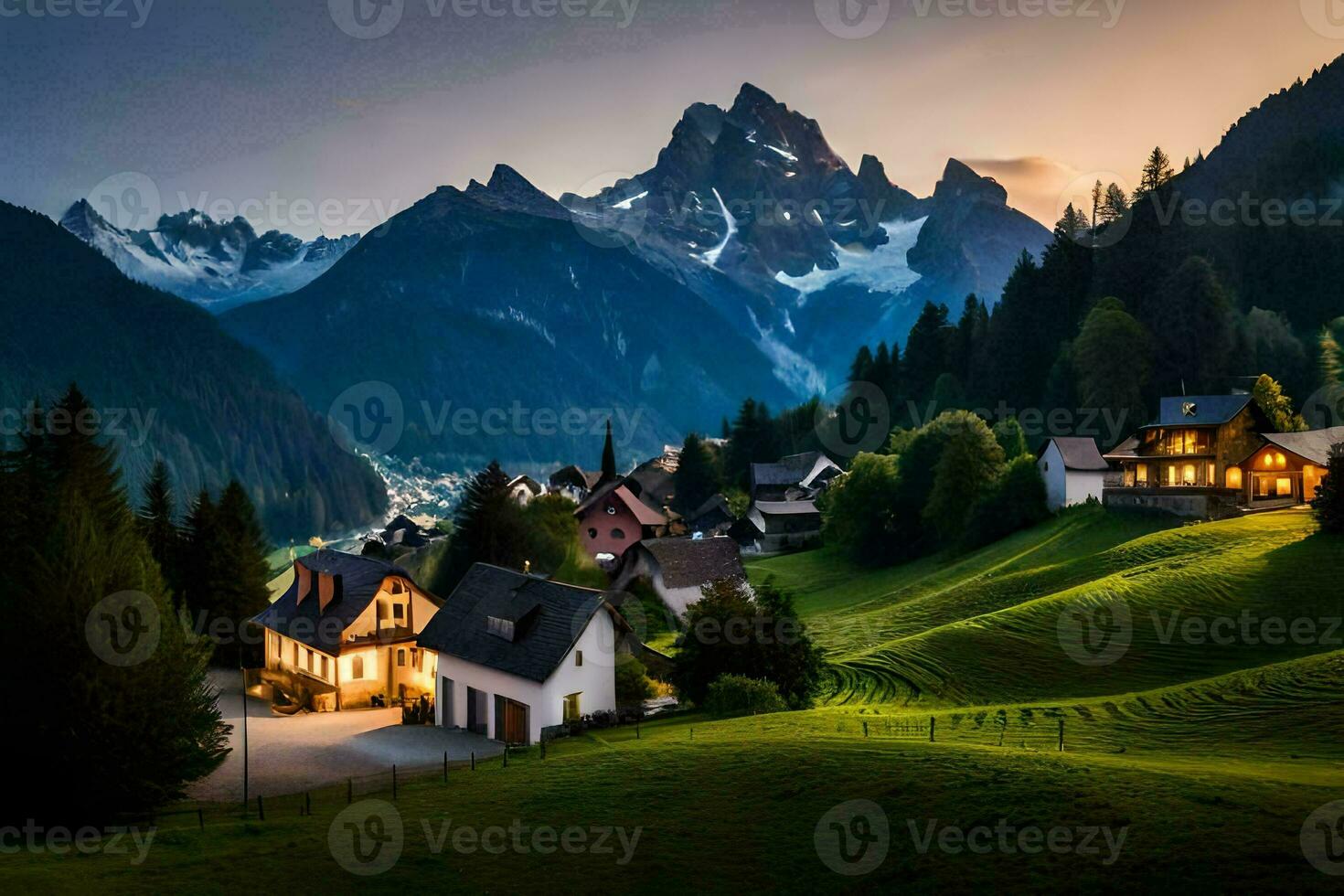 the village of alpine houses in the mountains. AI-Generated photo