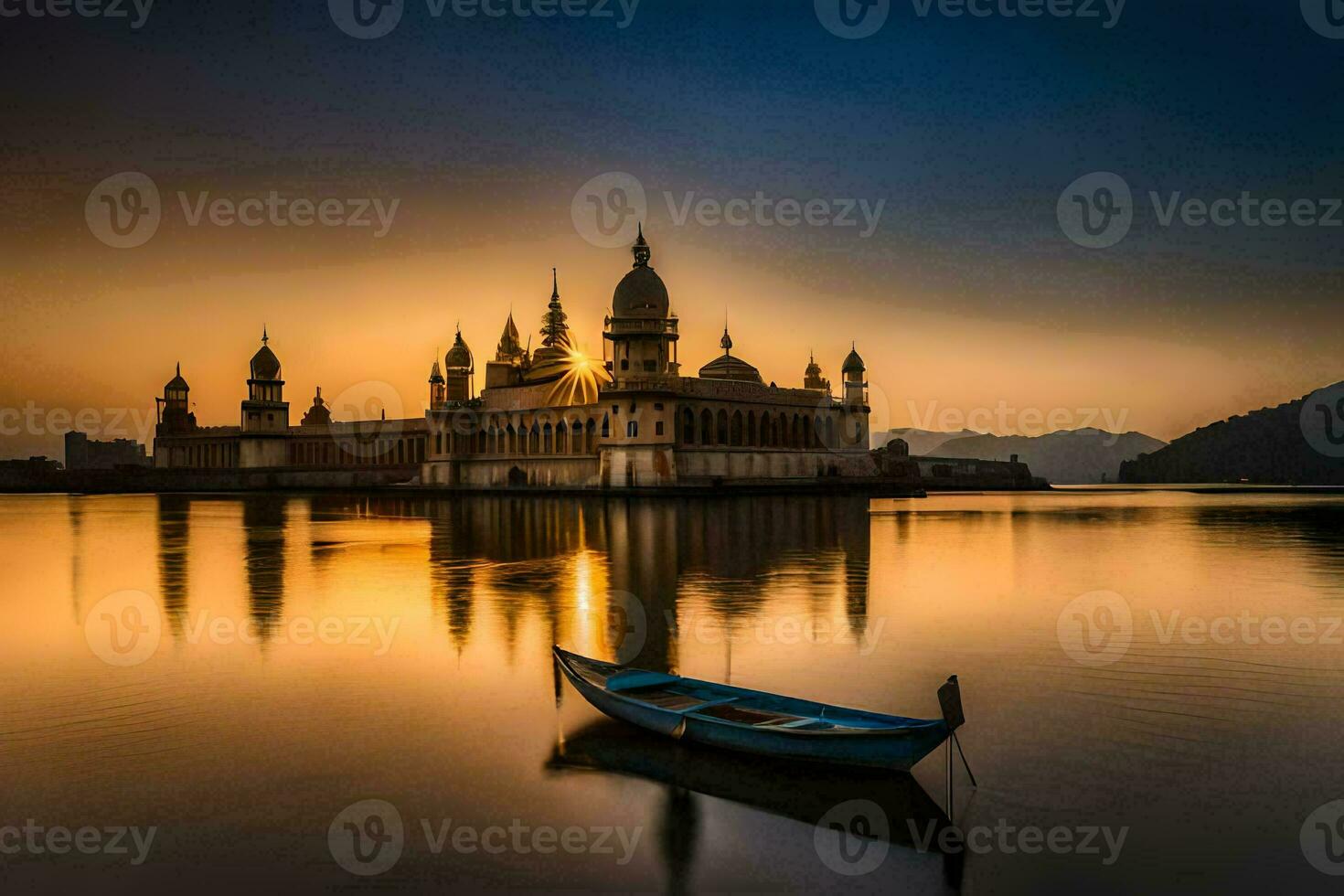 the sun sets over a palace in india. AI-Generated photo