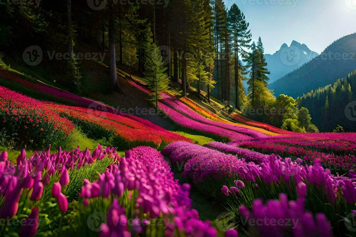 photo wallpaper flowers, mountains, flowers, flowers, flowers, flowers, flowers, flowers, flowers. AI-Generated