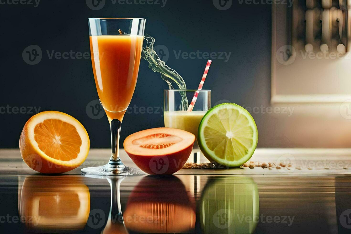 a glass of orange juice and slices of melon. AI-Generated photo