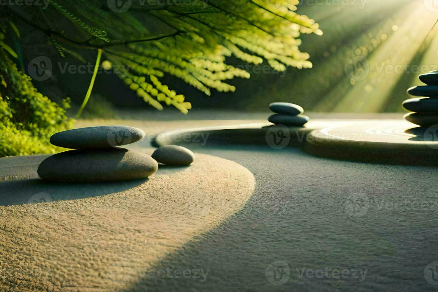 a zen garden with stones and water. AI-Generated photo