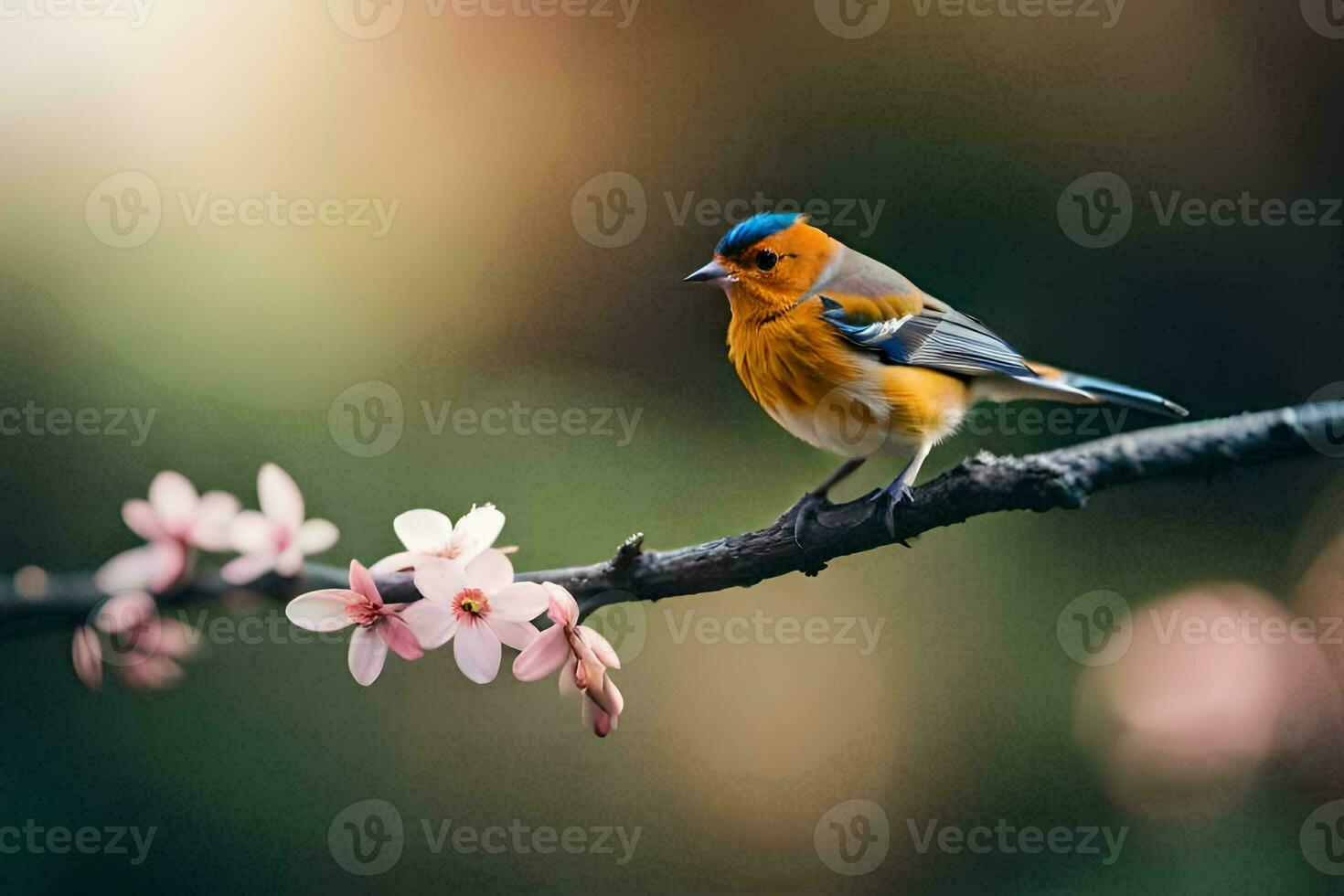 a bird sits on a branch with pink flowers. AI-Generated photo