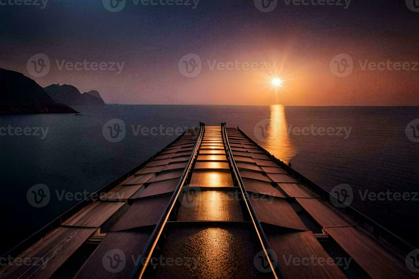 a train track leading to the sun. AI-Generated photo