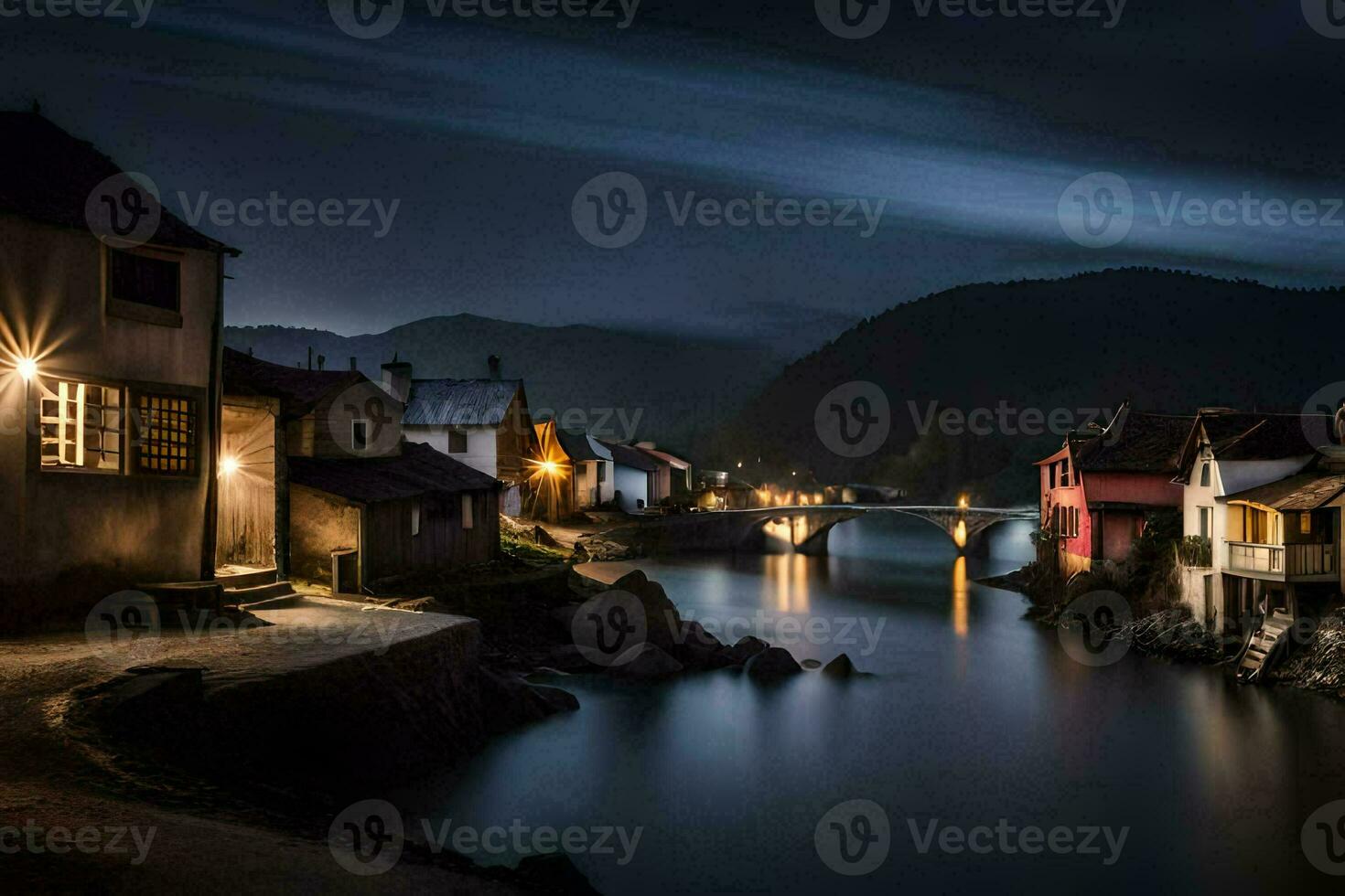 un río en el medio de un pueblo a noche. generado por ai foto