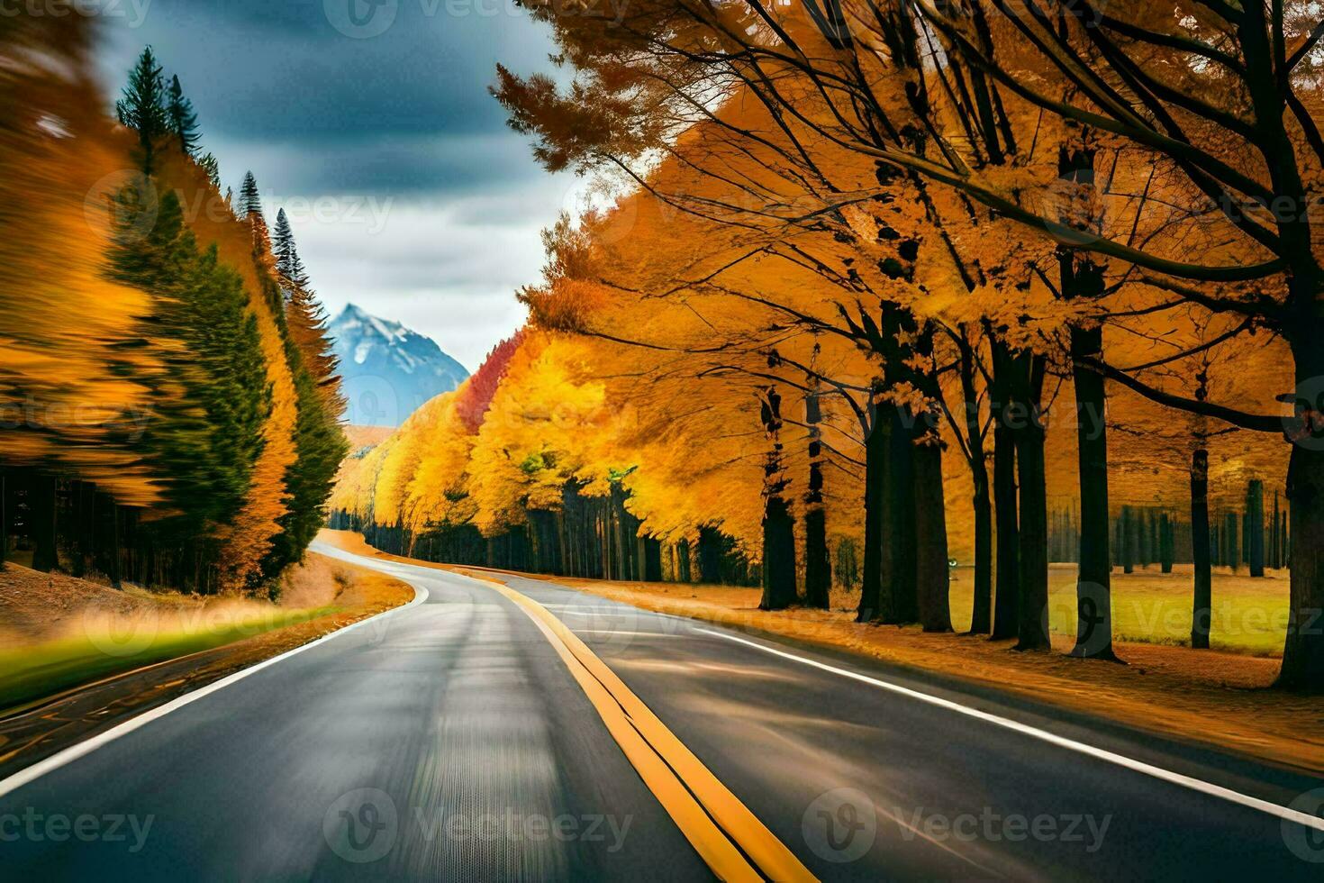 autumn trees on the road in the mountains. AI-Generated photo