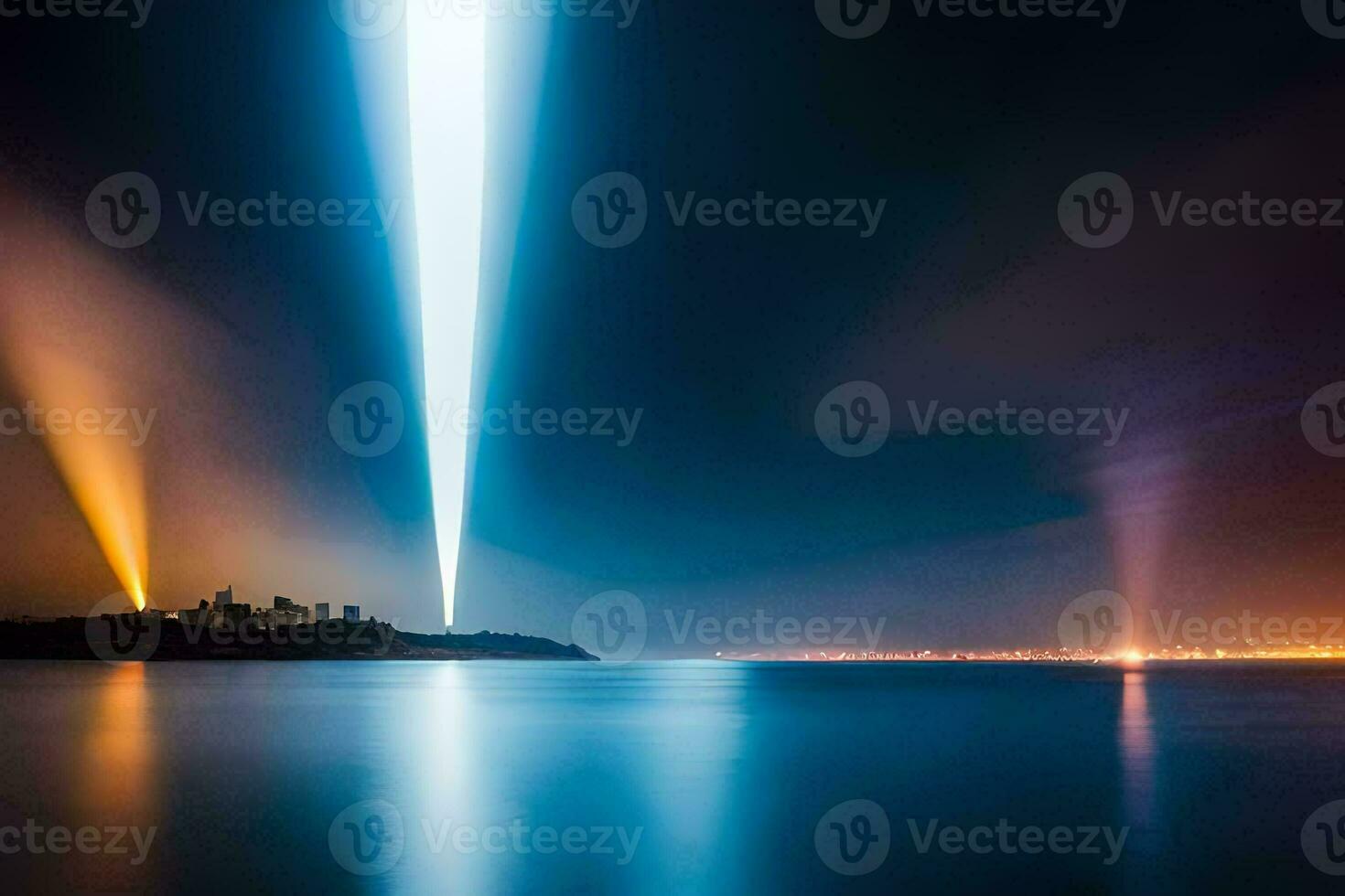 the beam of light is shining over the water. AI-Generated photo