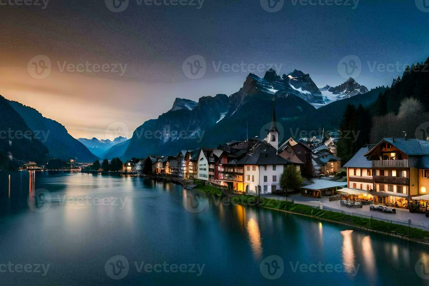 the town of hallstatt, austria, at dusk. AI-Generated photo