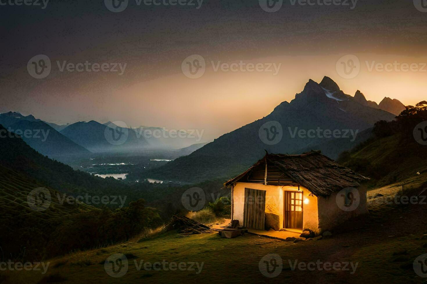 the hut in the mountains. AI-Generated photo