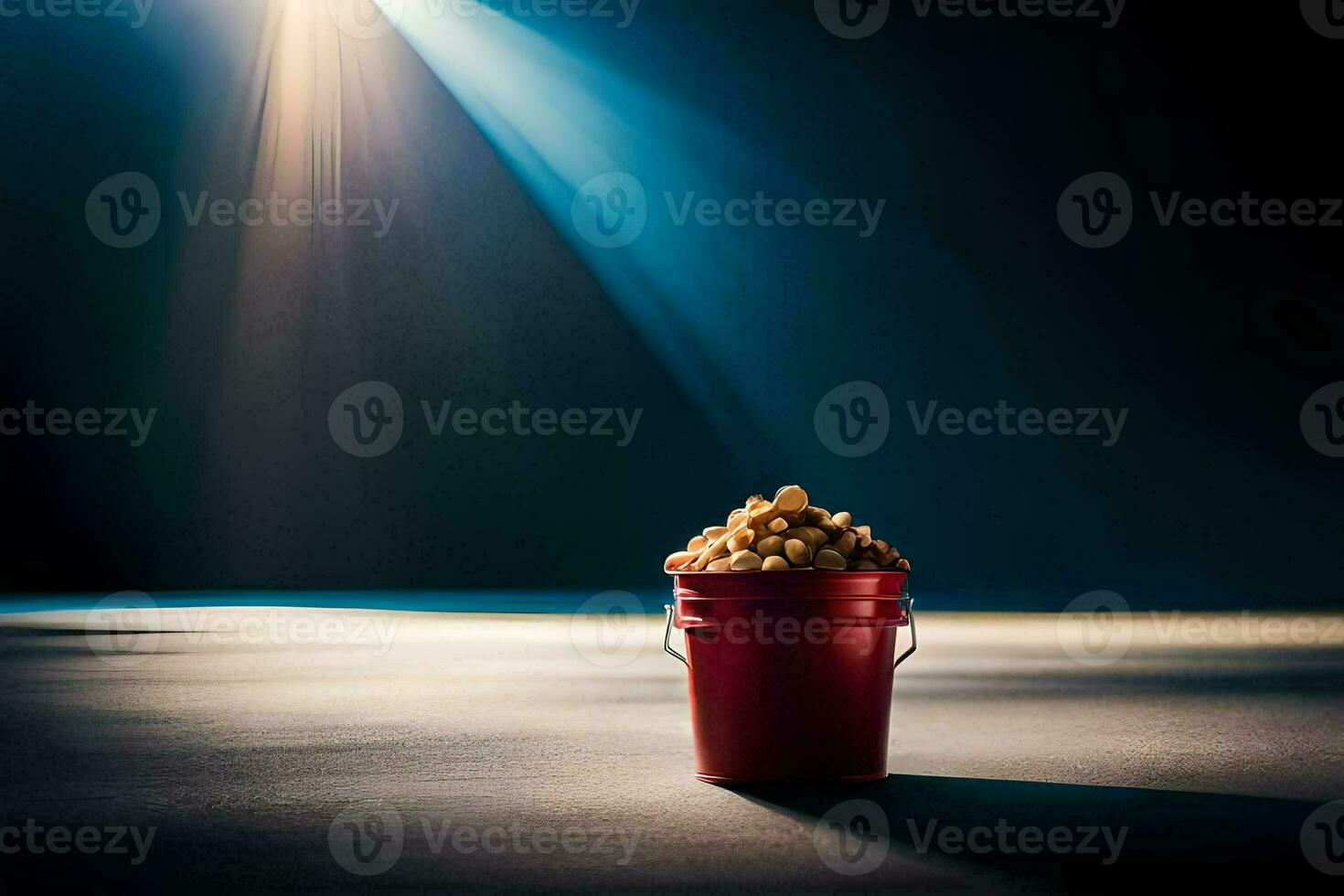 a bucket of popcorn on a dark floor. AI-Generated photo