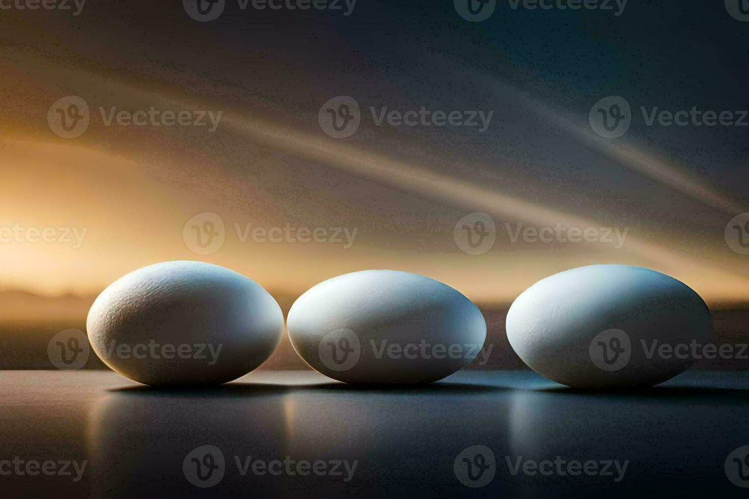 three eggs are shown in front of a sunset. AI-Generated photo