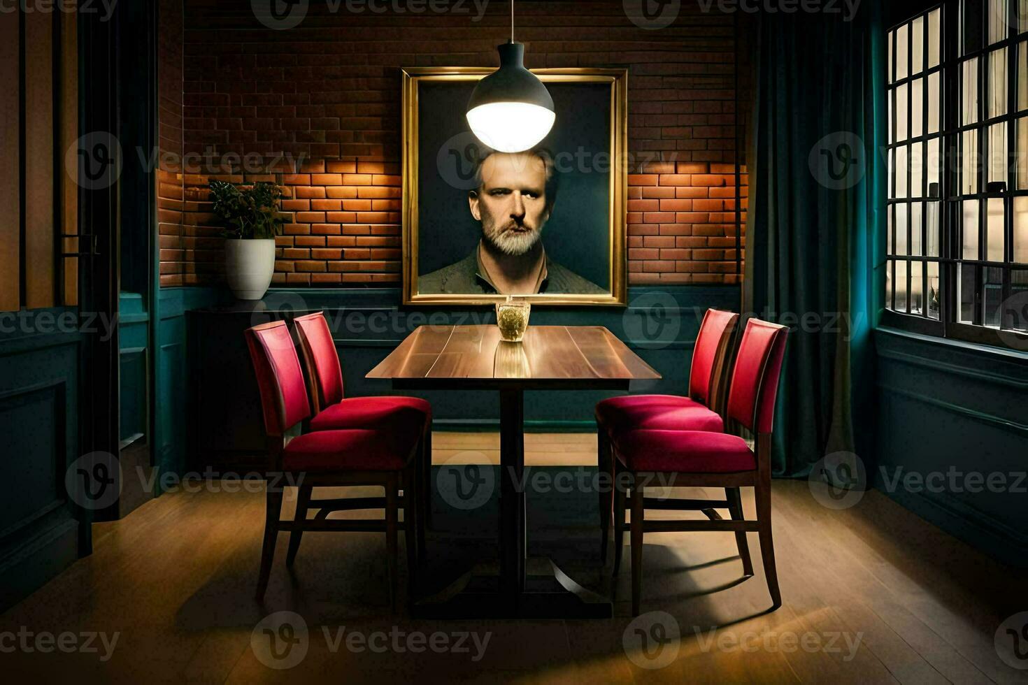 a dining room with a painting on the wall. AI-Generated photo