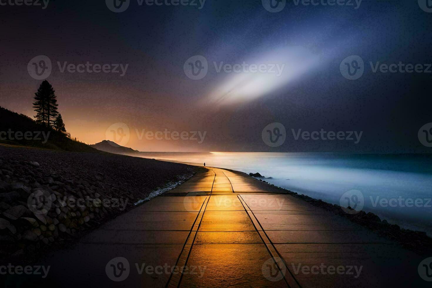 a long exposure photograph of a road leading to the ocean. AI-Generated photo