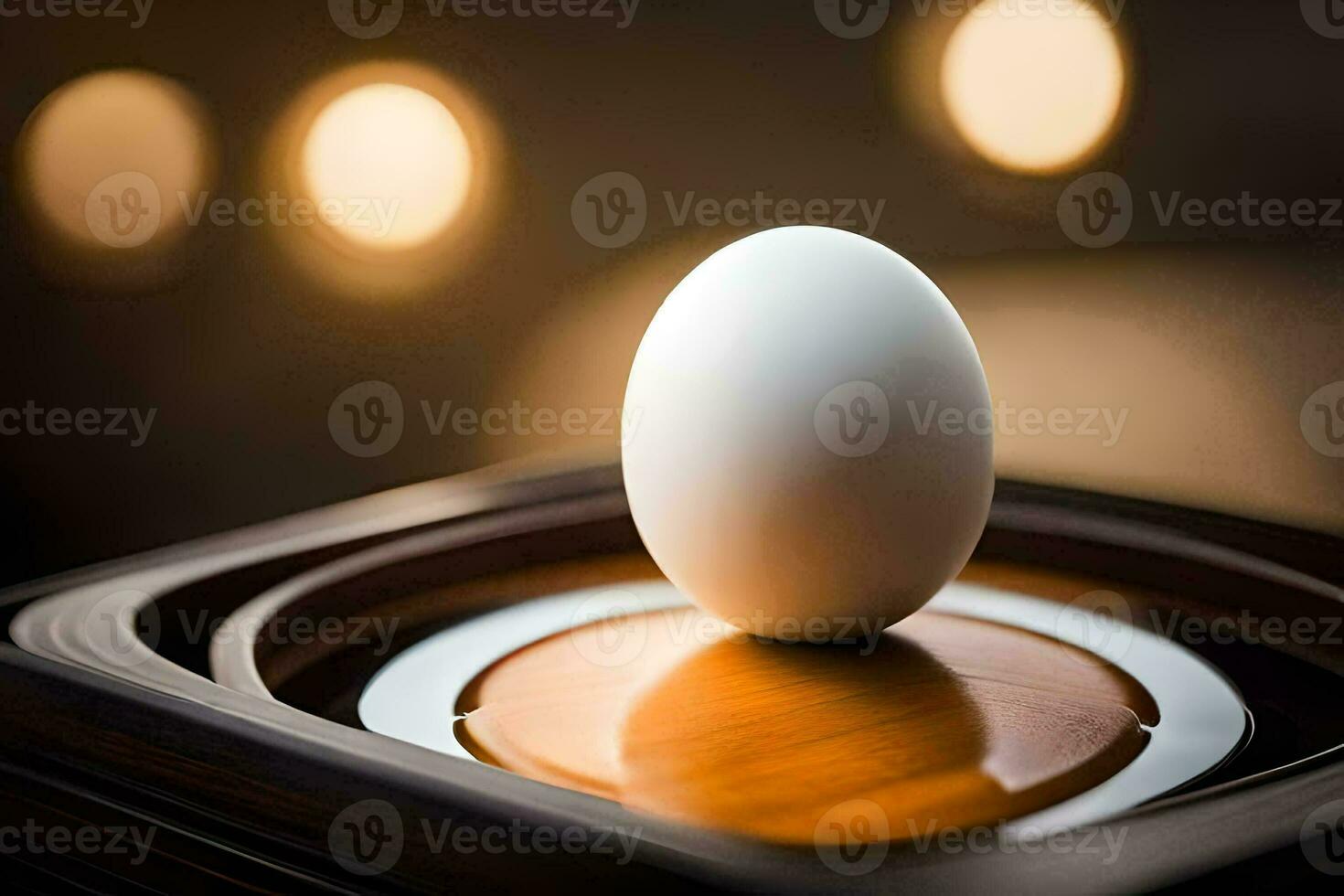 an egg sitting on top of a wooden tray. AI-Generated photo